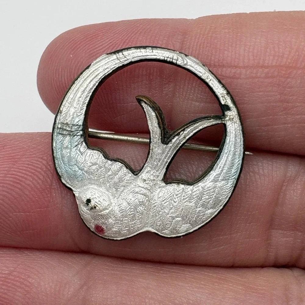 Vintage Guilloche Brooch Bird Swallow White Silver Tone Art Deco